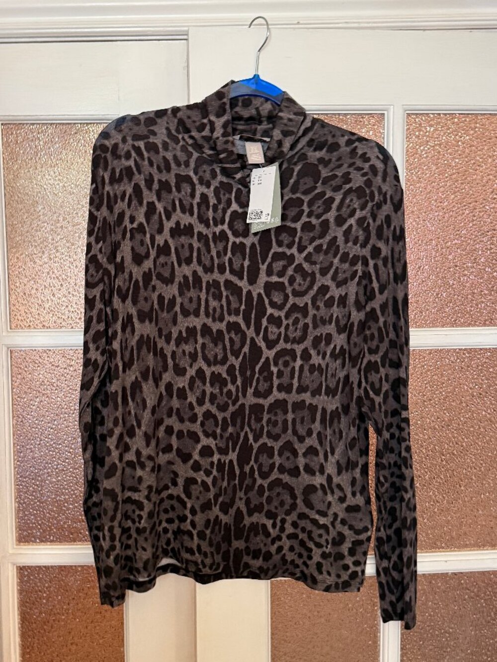 Long Sleeve Black and Grey Cheetah Leopard Print Turtle Neck Stretch Top
